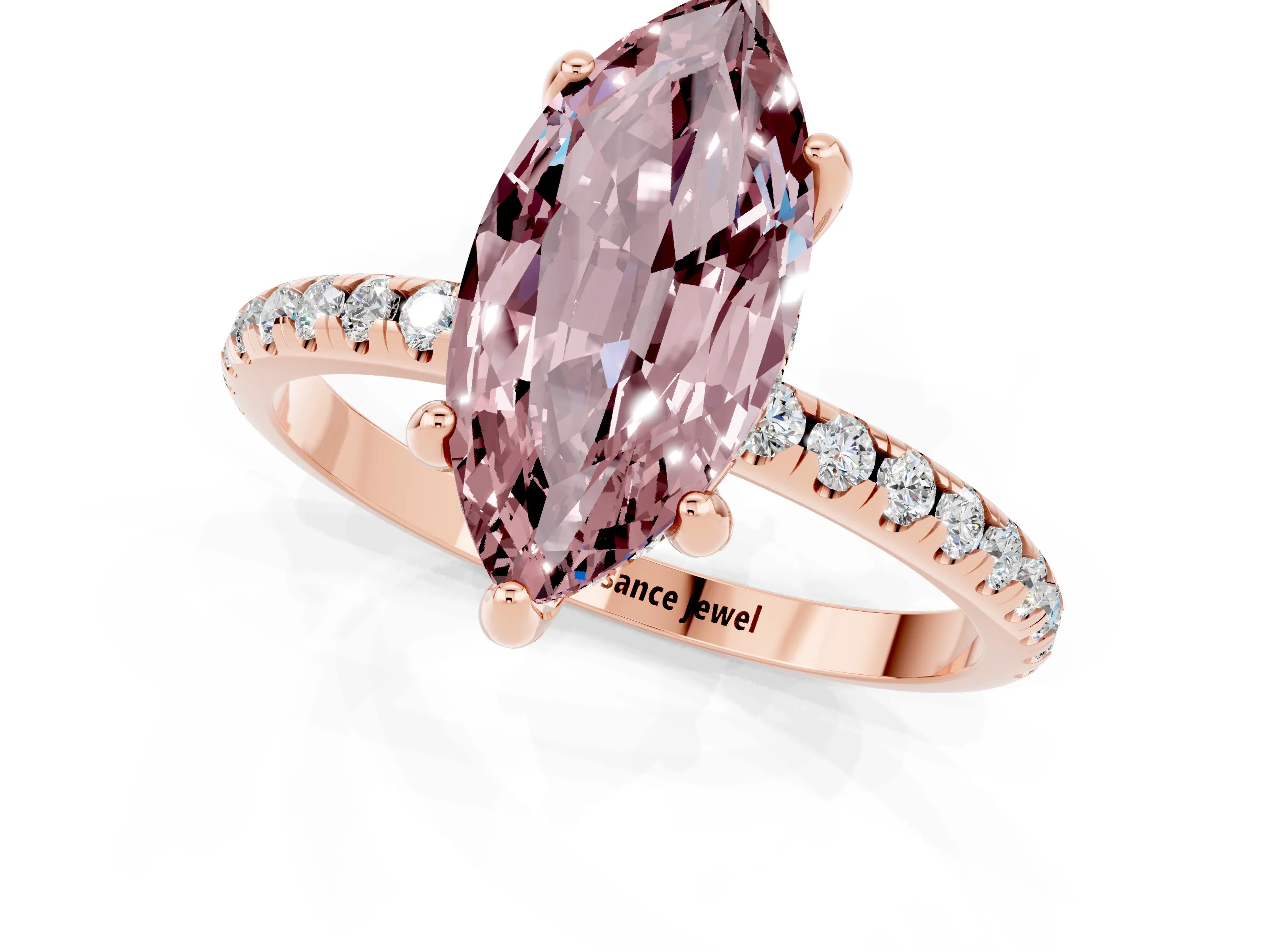 Rose gold Marquise Cut Diamond Solitaire Ring with Four-Prong Setting and Pavé Band_1