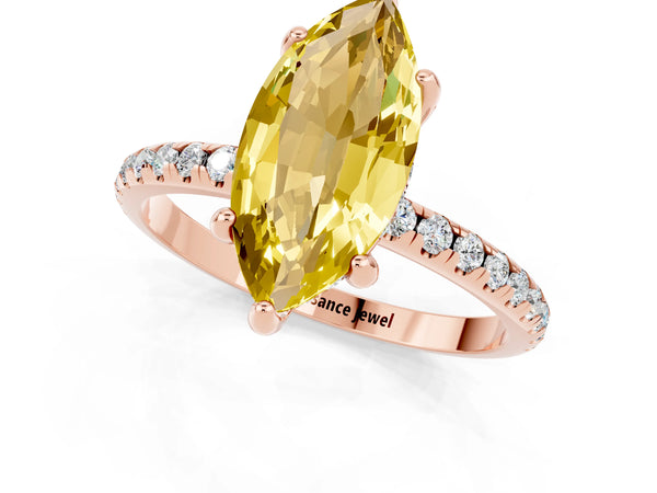 Rose gold Marquise Cut Yellow Sapphire Hidden Halo Engagement Ring with Round Pavé Band and Prong Setting