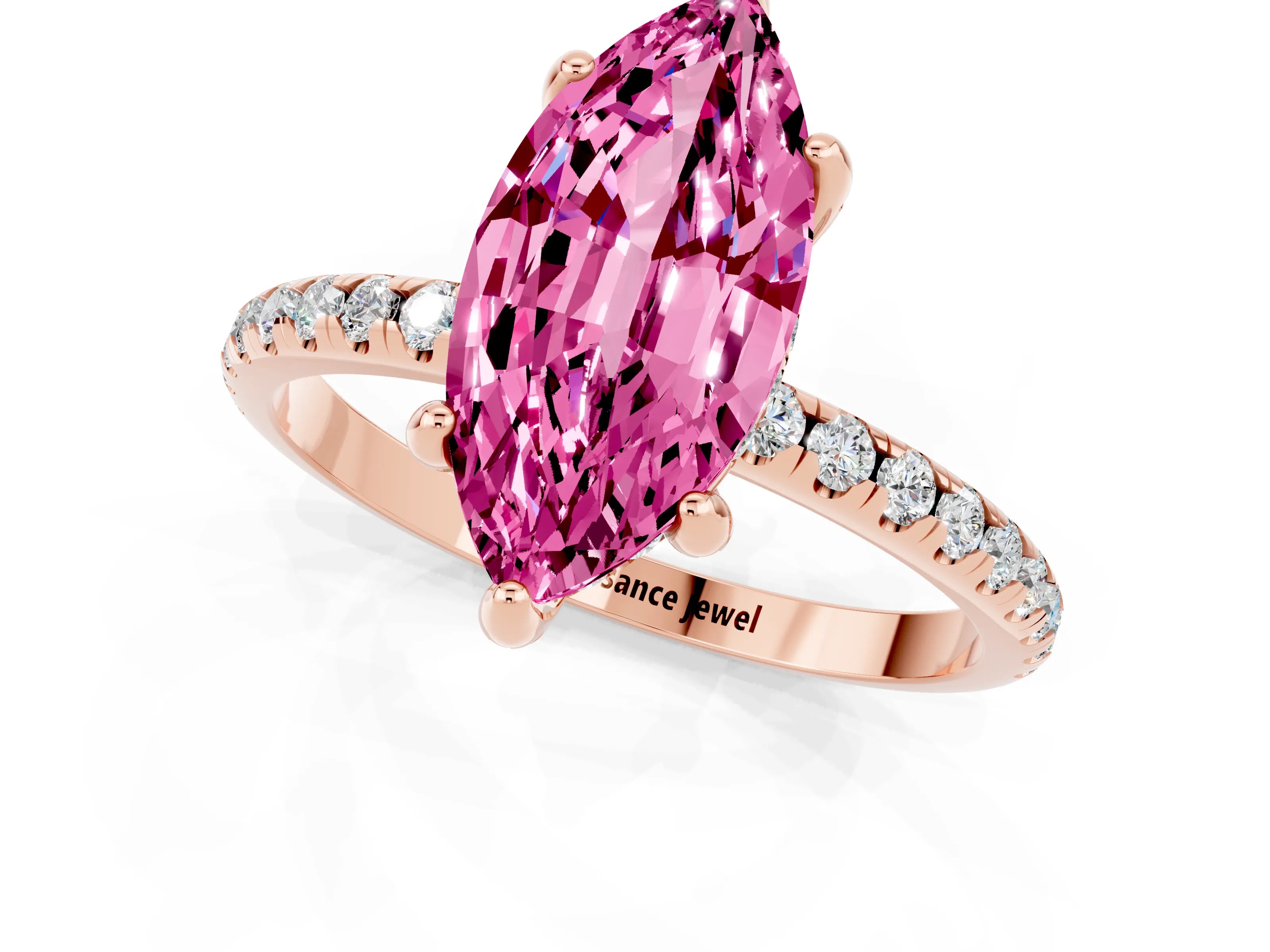 Rose gold Marquise Cut Diamond Solitaire Ring with Four-Prong Setting and Pavé Band_1