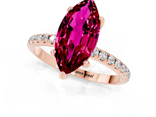 Rose gold Marquise Cut Garnet Hidden Halo Engagement Ring with Round Pavé Band and Prong Setting