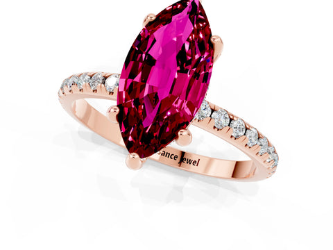 Rose gold Marquise Cut Diamond Solitaire Ring with Four-Prong Setting and Pavé Band_1