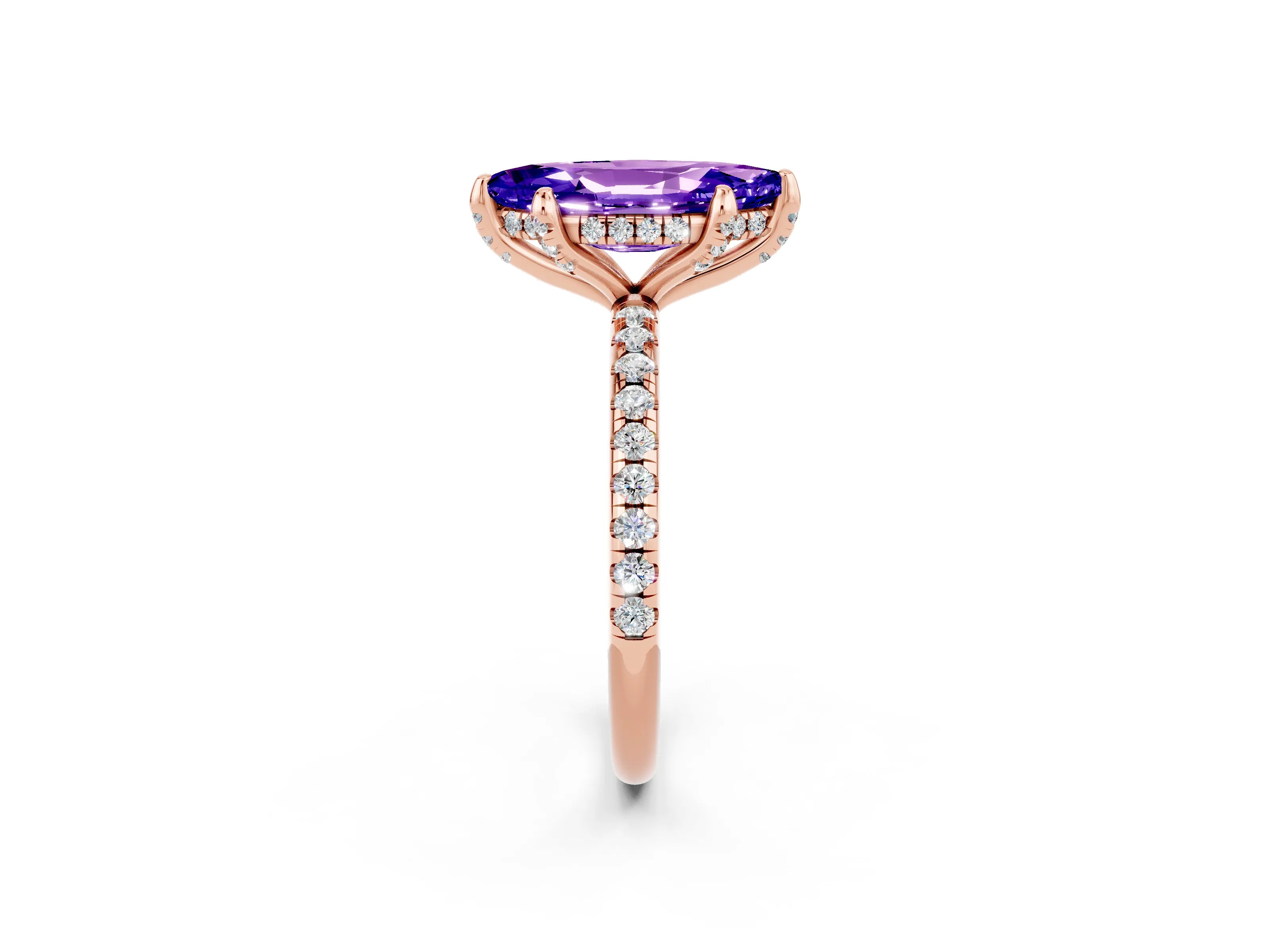 Rose gold Marquise Cut Diamond Solitaire Ring with Four-Prong Setting and Pavé Band_2