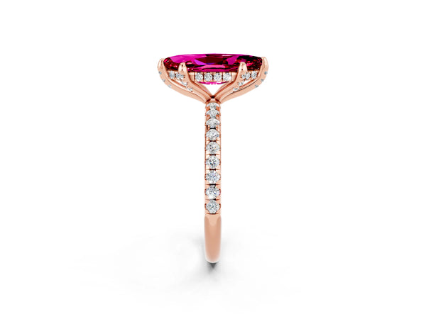 Rose gold Marquise Cut Garnet Hidden Halo Engagement Ring with Round Pavé Band and Prong Setting