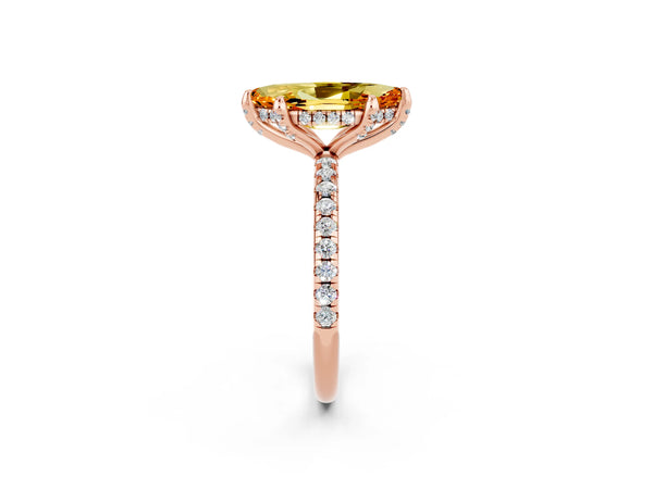 Rose gold Marquise Cut Citrine Hidden Halo Engagement Ring with Round Pavé Band and Prong Setting