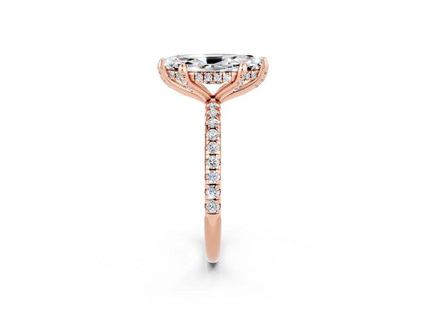 Rose gold Marquise Cut Moissanite Hidden Halo Engagement Ring with Round Pavé Band and Prong Setting