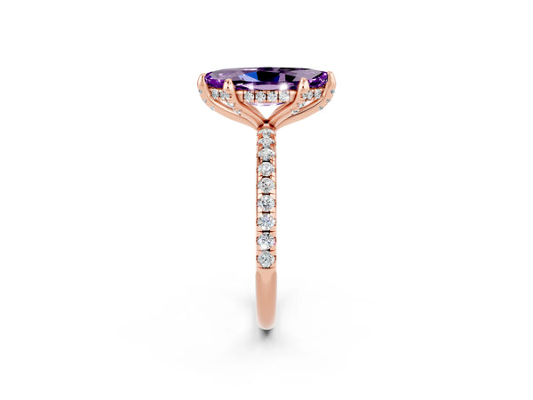 Rose gold Marquise Cut Amethyst Hidden Halo Engagement Ring with Round Pavé Band and Prong Setting