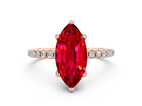Rose gold Marquise Cut Diamond Solitaire Ring with Four-Prong Setting and Pavé Band