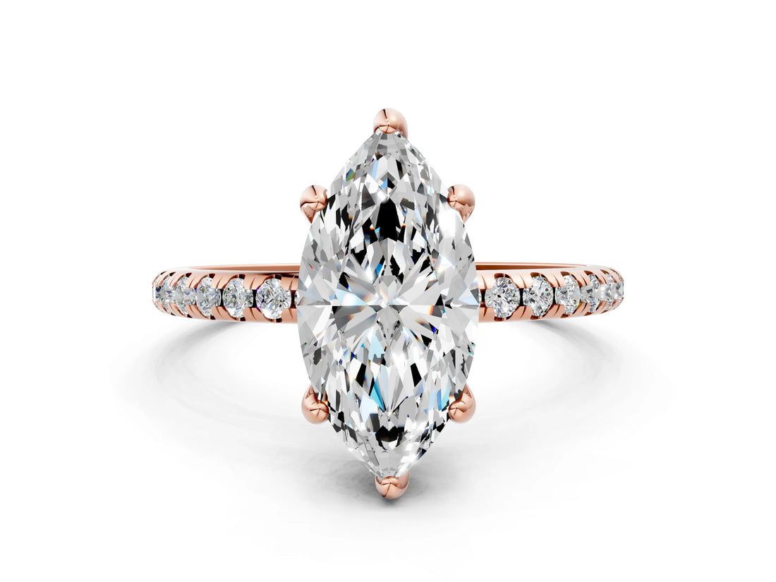 Rose gold Marquise Cut Diamond Solitaire Ring with Four-Prong Setting and Pavé Band_3