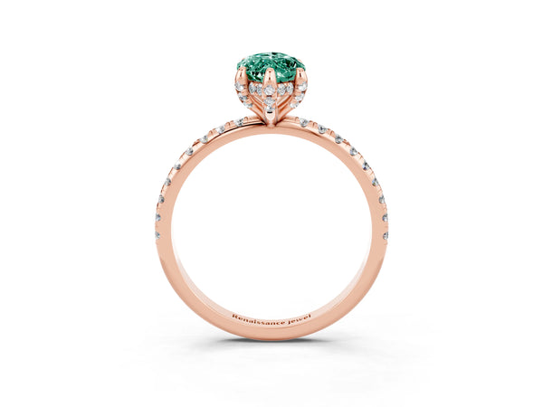 Rose gold Marquise Cut Green Sapphire Hidden Halo Engagement Ring with Round Pavé Band and Prong Setting