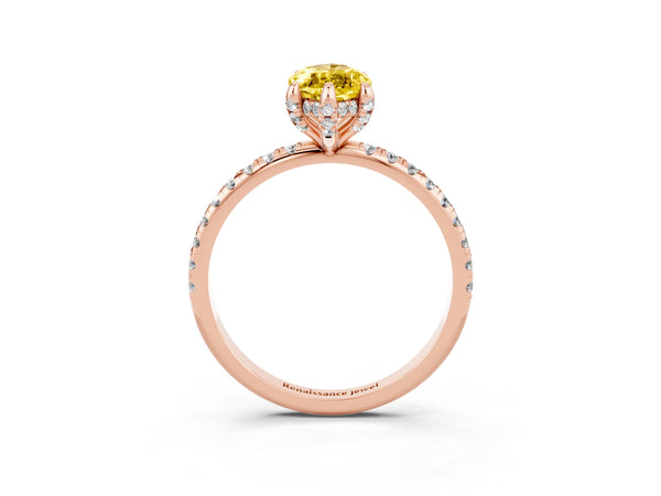 Rose gold Marquise Cut Yellow Sapphire Hidden Halo Engagement Ring with Round Pavé Band and Prong Setting