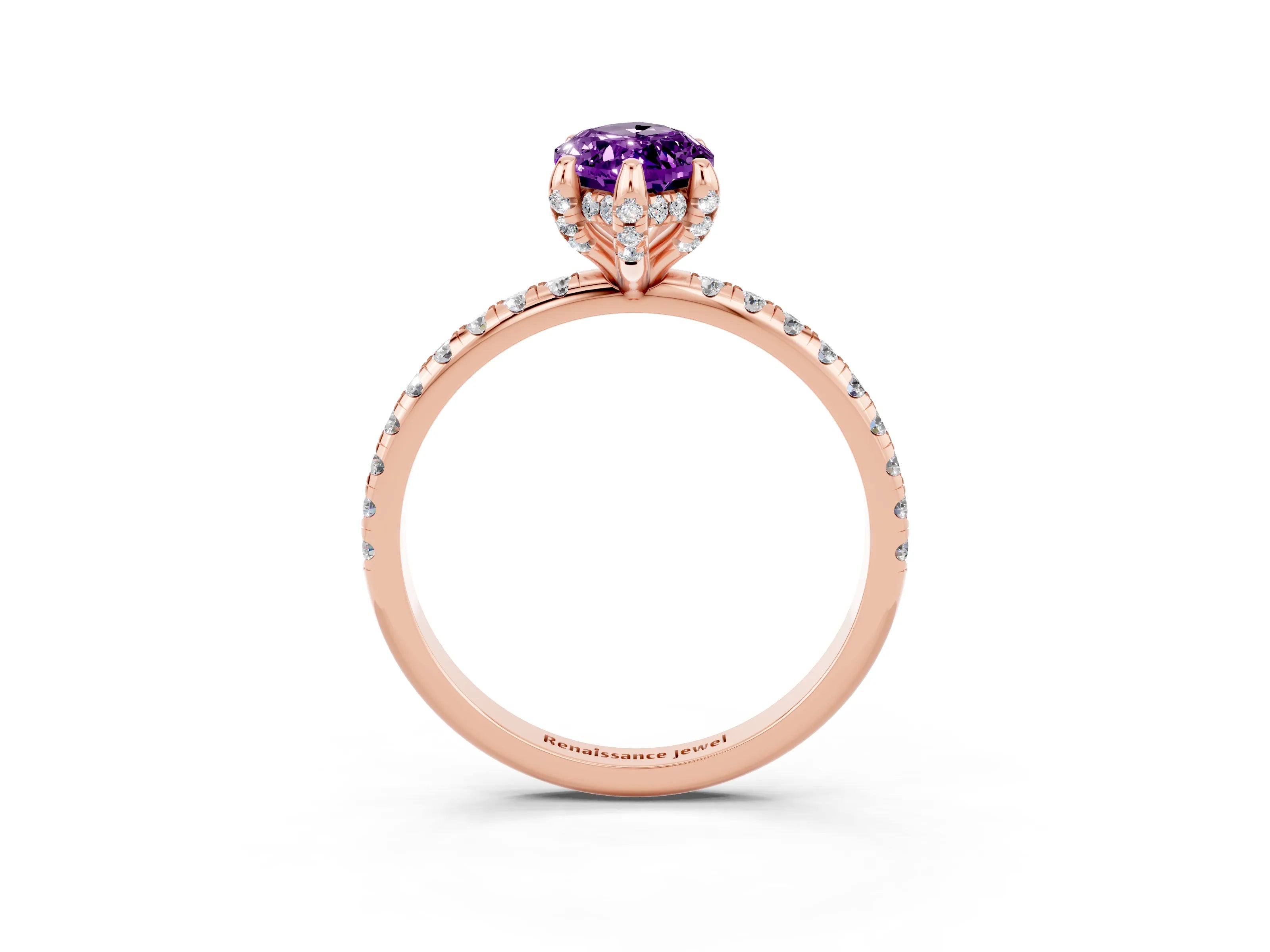 Rose gold Marquise Cut Diamond Solitaire Ring with Four-Prong Setting and Pavé Band_3