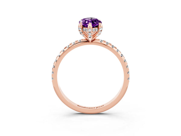 Rose gold Marquise Cut Amethyst Hidden Halo Engagement Ring with Round Pavé Band and Prong Setting