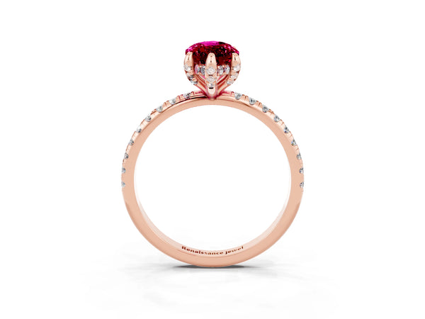 Rose gold Marquise Cut Garnet Hidden Halo Engagement Ring with Round Pavé Band and Prong Setting