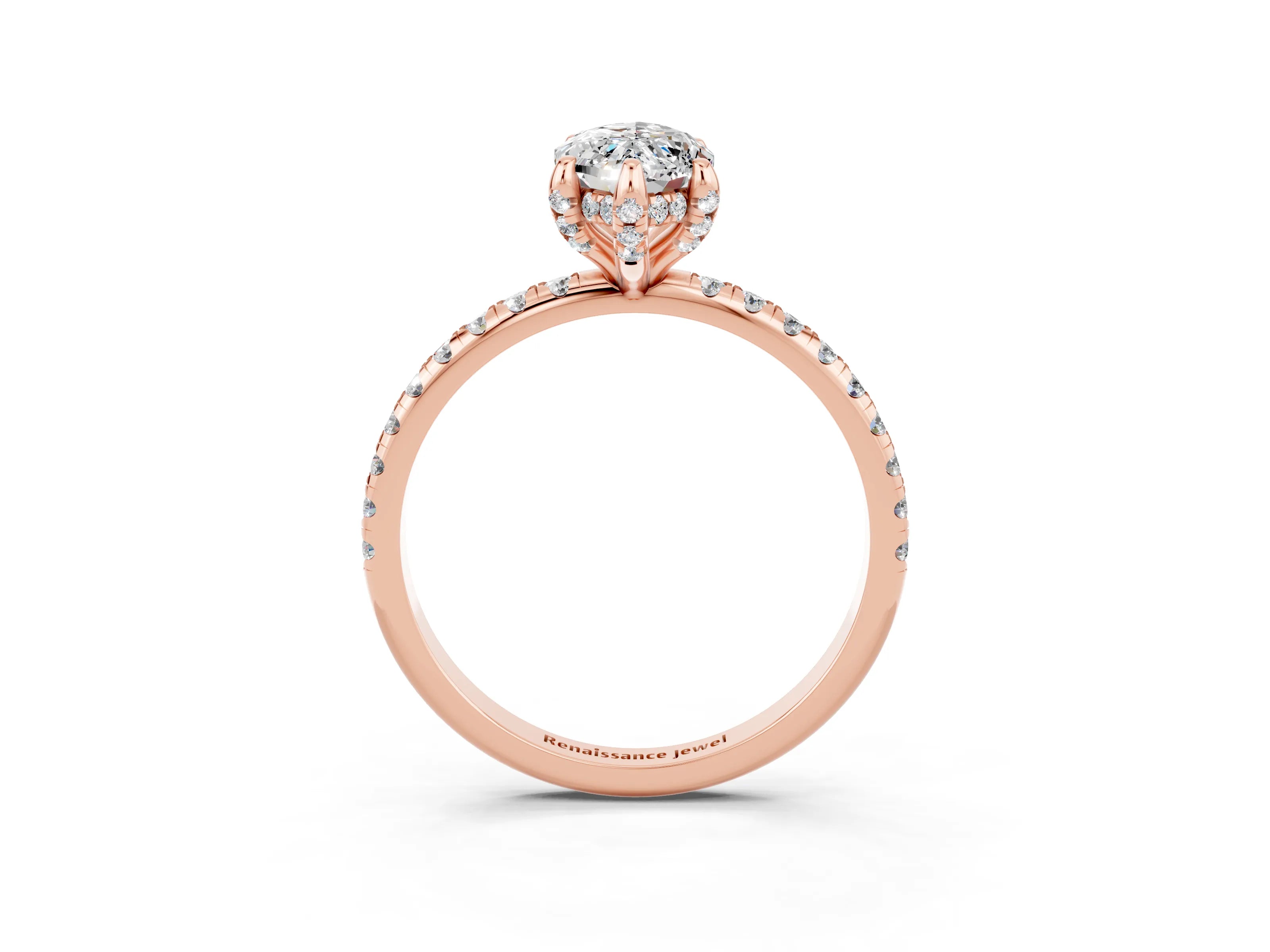 Rose gold Marquise Cut Diamond Solitaire Ring with Four-Prong Setting and Pavé Band_3