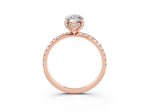 Rose gold Marquise Cut Moissanite Hidden Halo Engagement Ring with Round Pavé Band and Prong Setting