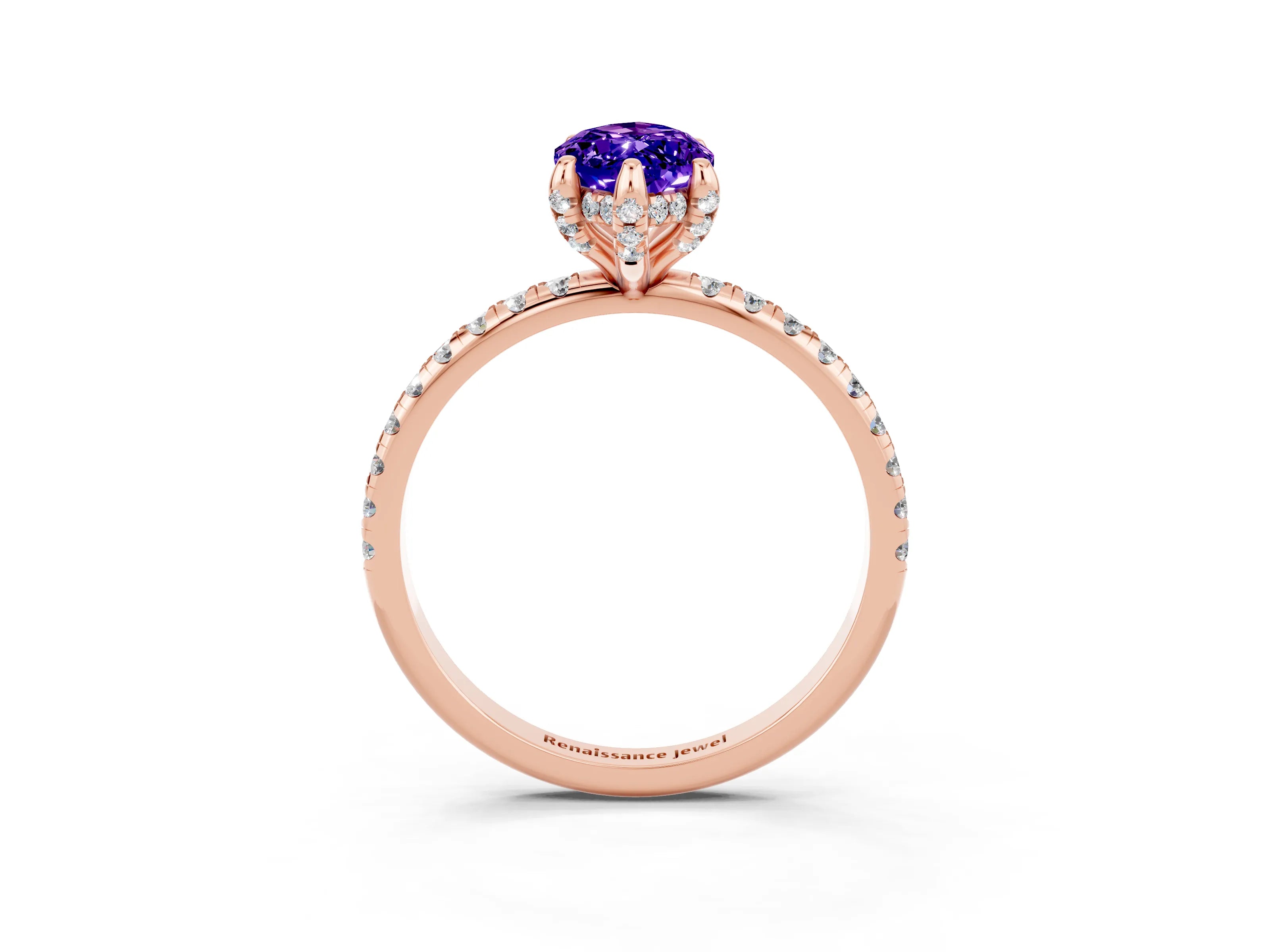 Rose gold Marquise Cut Diamond Solitaire Ring with Four-Prong Setting and Pavé Band_3