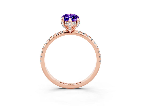 Rose gold Marquise Cut Tanzanite Hidden Halo Engagement Ring with Round Pavé Band and Prong Setting