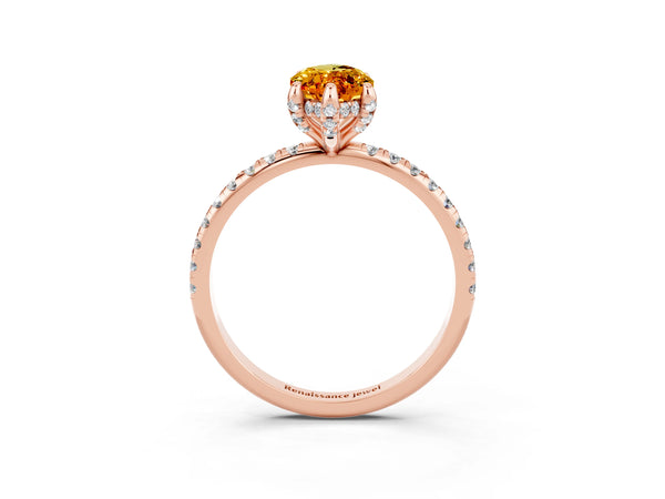 Rose gold Marquise Cut Citrine Hidden Halo Engagement Ring with Round Pavé Band and Prong Setting