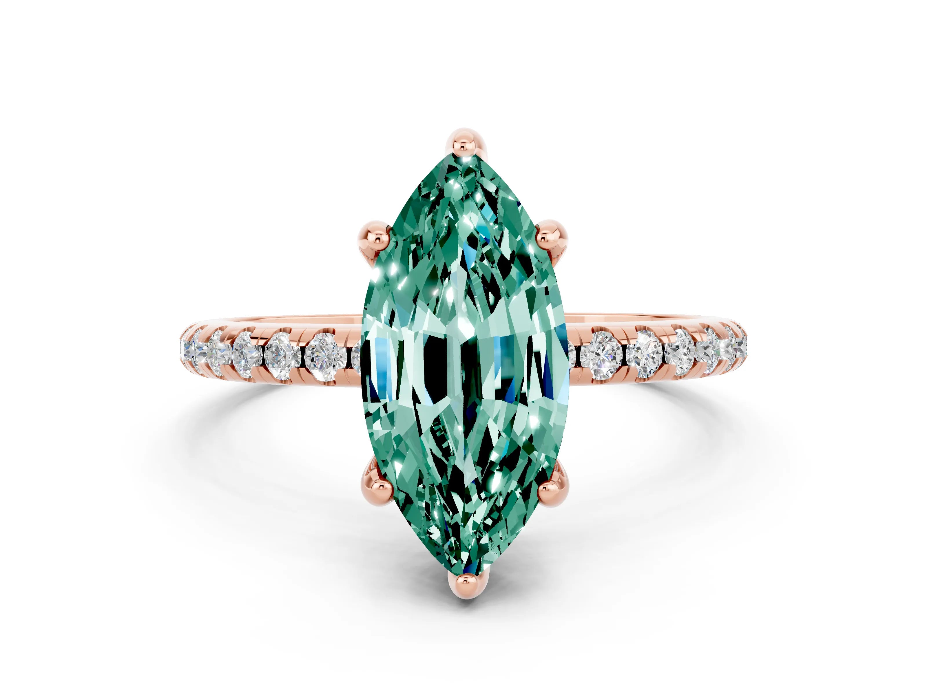Rose gold Marquise Cut Diamond Solitaire Ring with Four-Prong Setting and Pavé Band