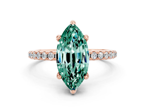 Rose gold Marquise Cut Green Sapphire Hidden Halo Engagement Ring with Round Pavé Band and Prong Setting