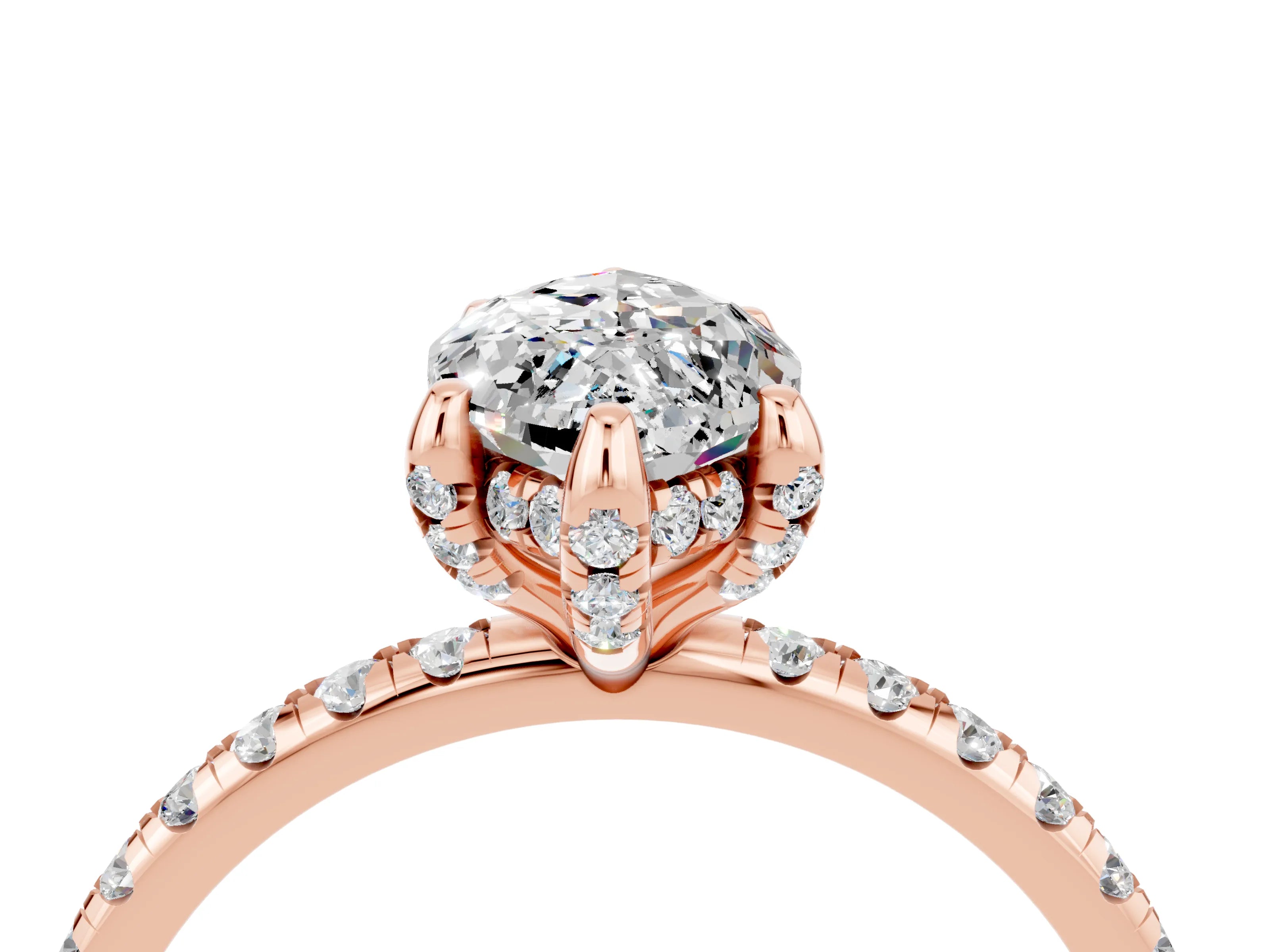 Rose gold Marquise Cut Diamond Solitaire Ring with Four-Prong Setting and Pavé Band_4