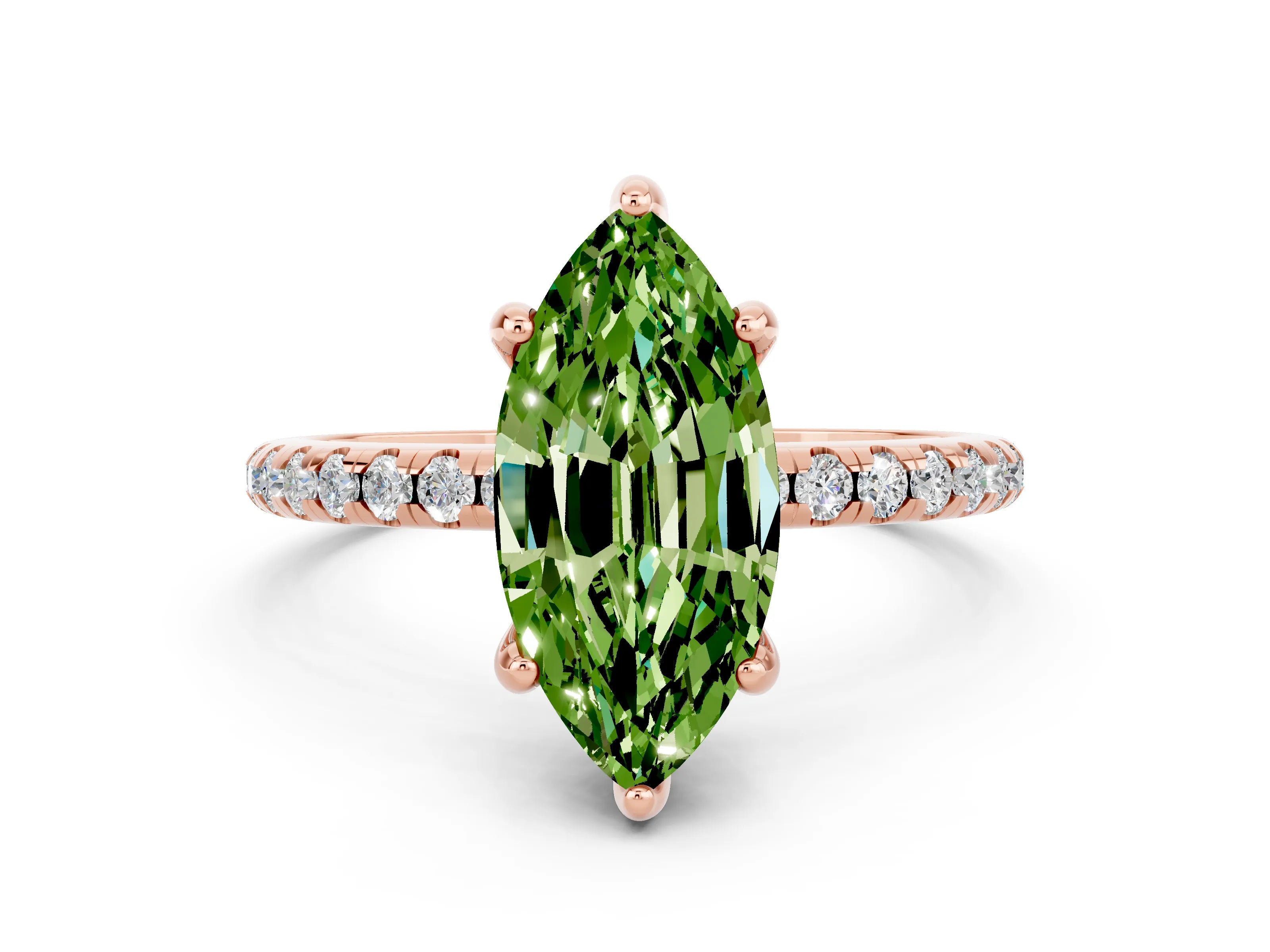 Rose gold Marquise Cut Diamond Solitaire Ring with Four-Prong Setting and Pavé Band