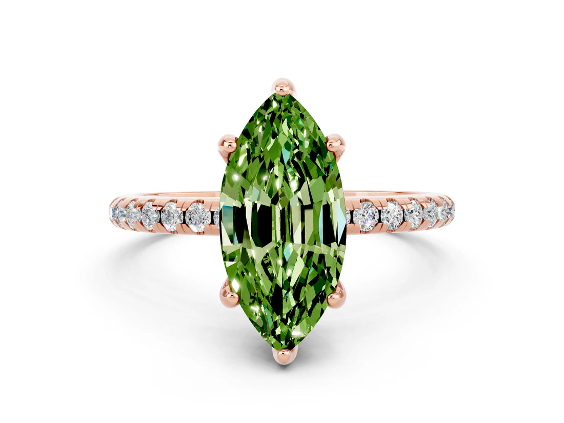 Rose gold Marquise Cut Diamond Solitaire Ring with Four-Prong Setting and Pavé Band