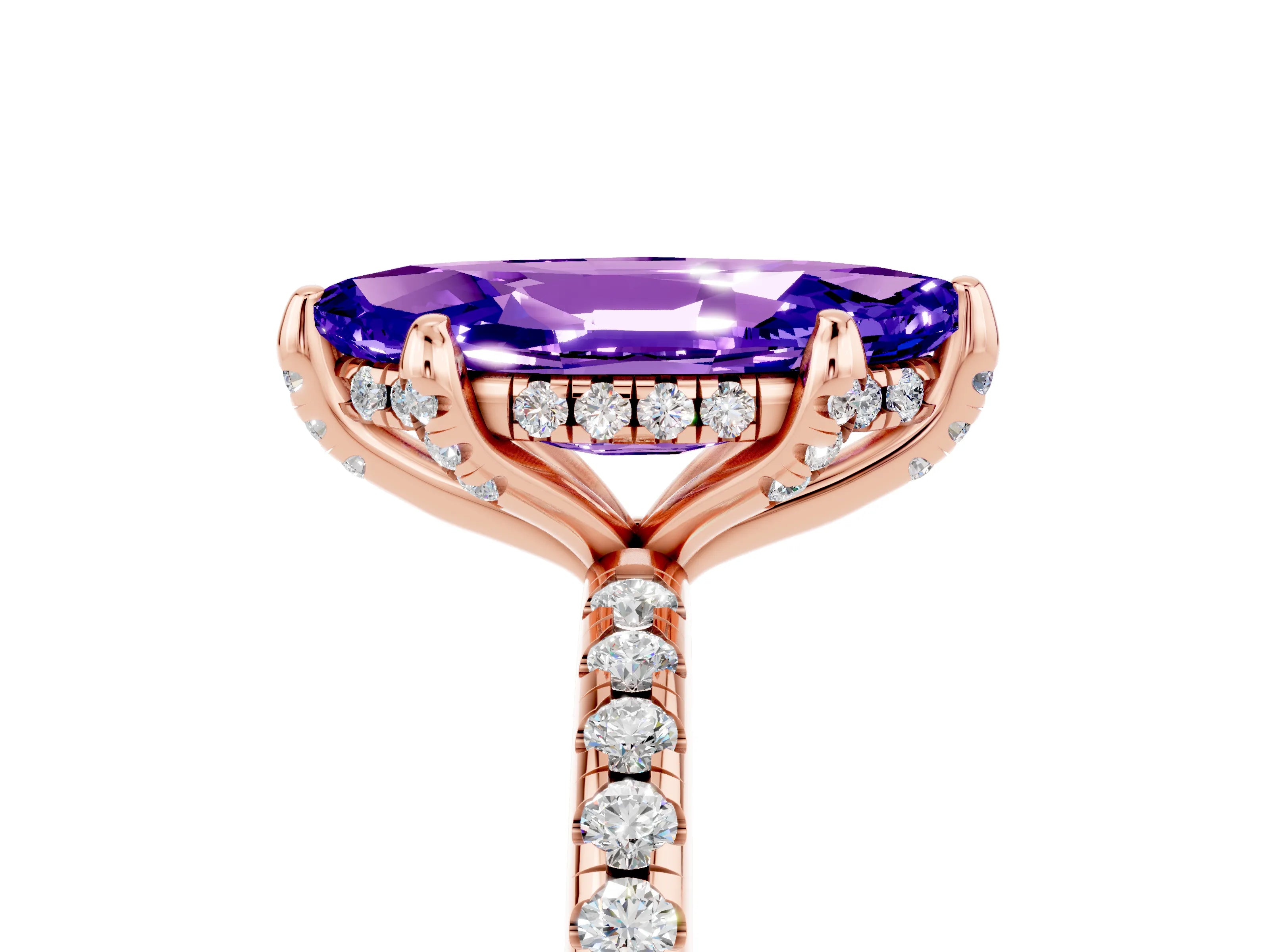 Rose gold Marquise Cut Diamond Solitaire Ring with Four-Prong Setting and Pavé Band_5