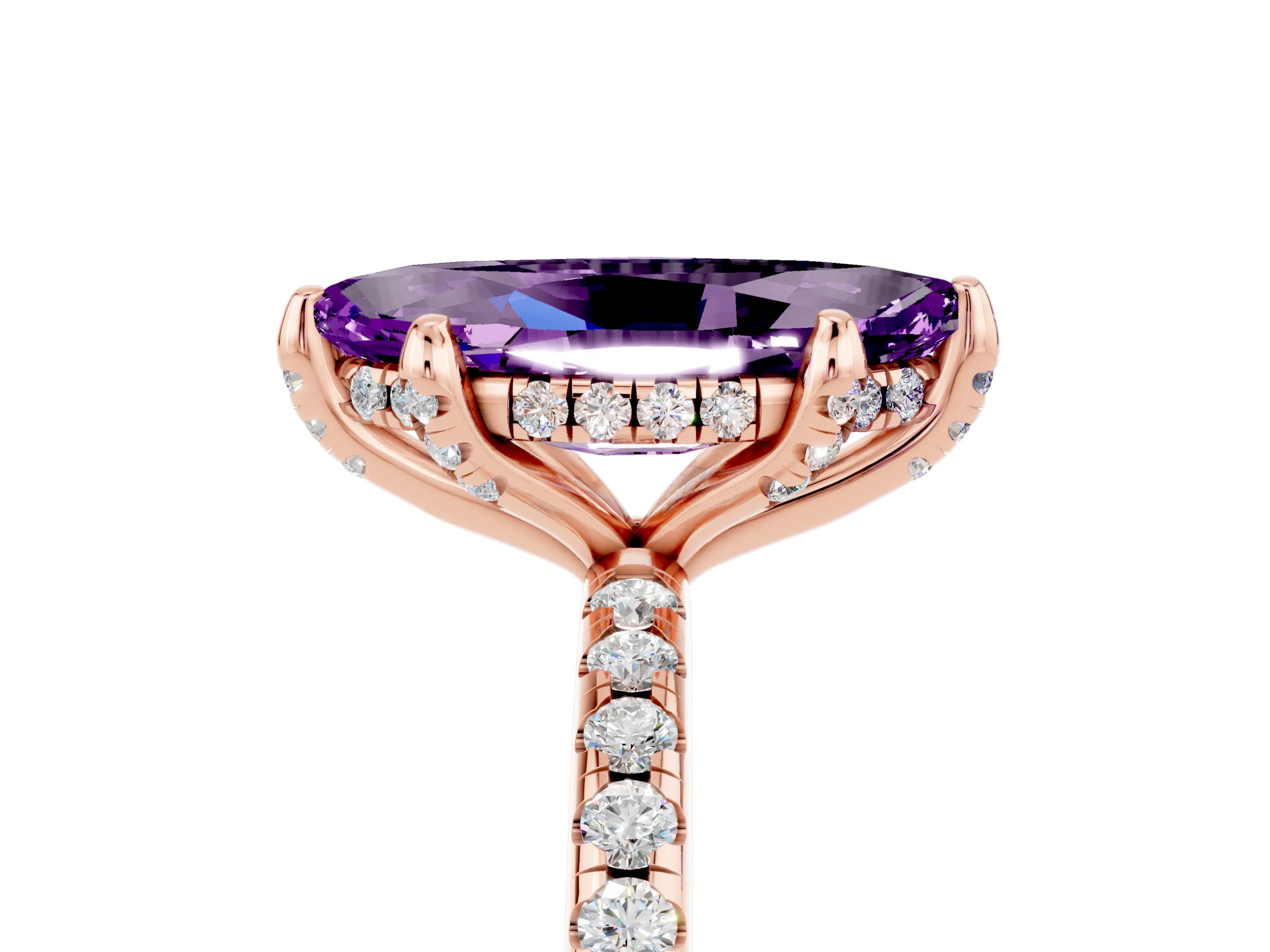 Rose gold Marquise Cut Diamond Solitaire Ring with Four-Prong Setting and Pavé Band_5