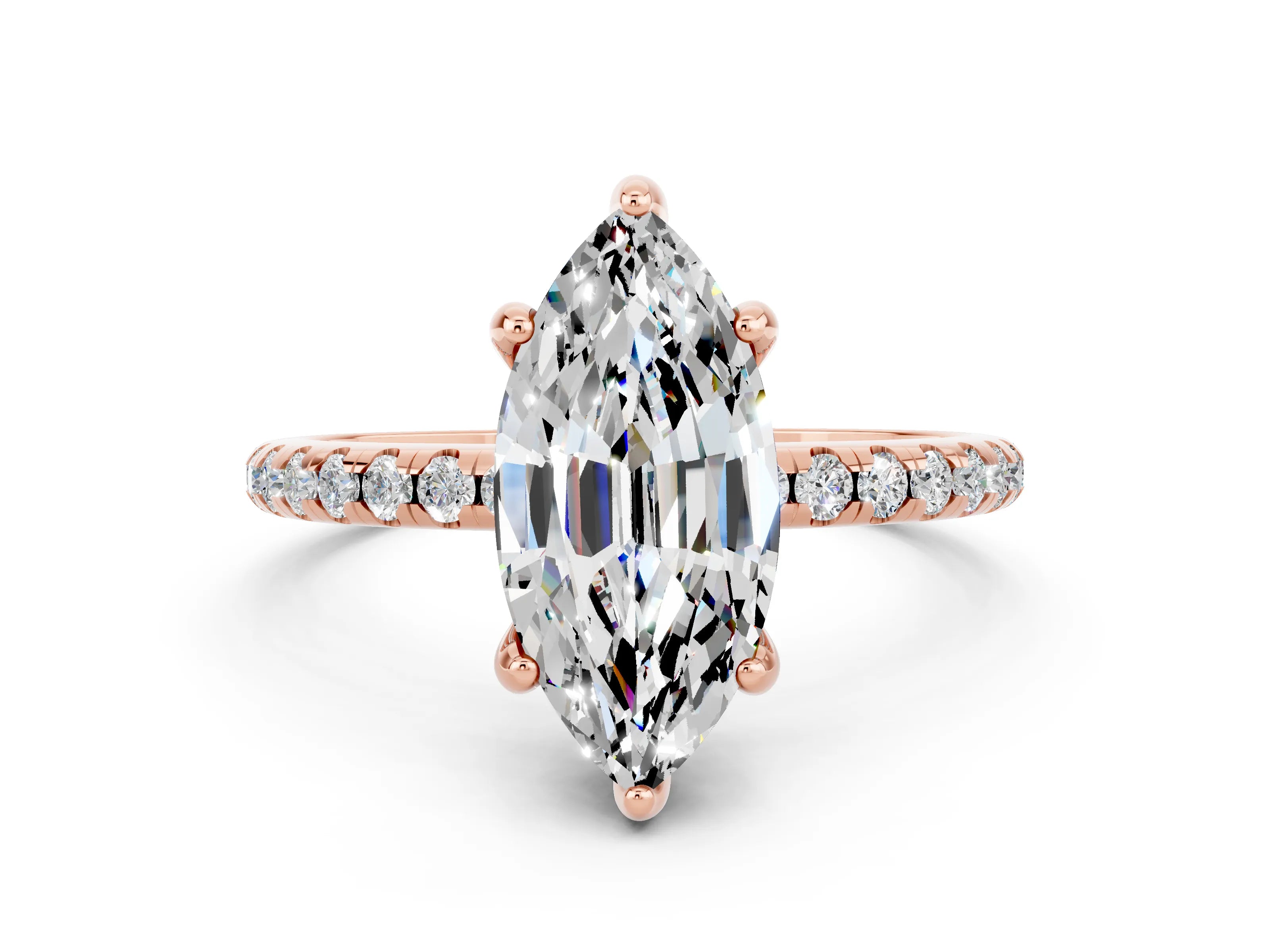 Rose gold Marquise Cut Diamond Solitaire Ring with Four-Prong Setting and Pavé Band