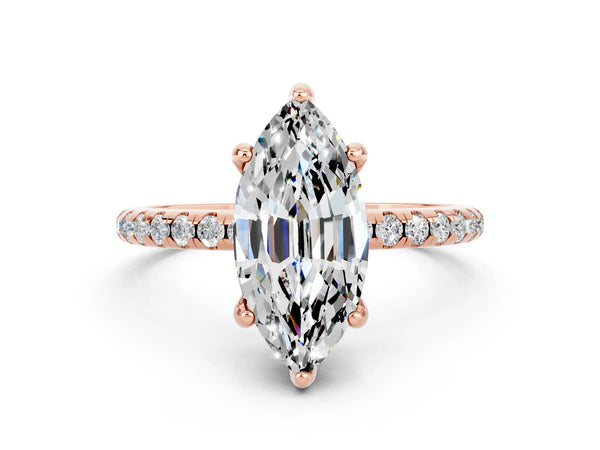 Rose gold Marquise Cut Moissanite Hidden Halo Engagement Ring with Round Pavé Band and Prong Setting