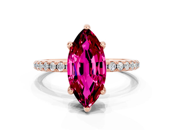 Rose gold Marquise Cut Garnet Hidden Halo Engagement Ring with Round Pavé Band and Prong Setting