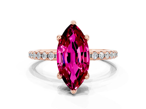 Rose gold Marquise Cut Diamond Solitaire Ring with Four-Prong Setting and Pavé Band