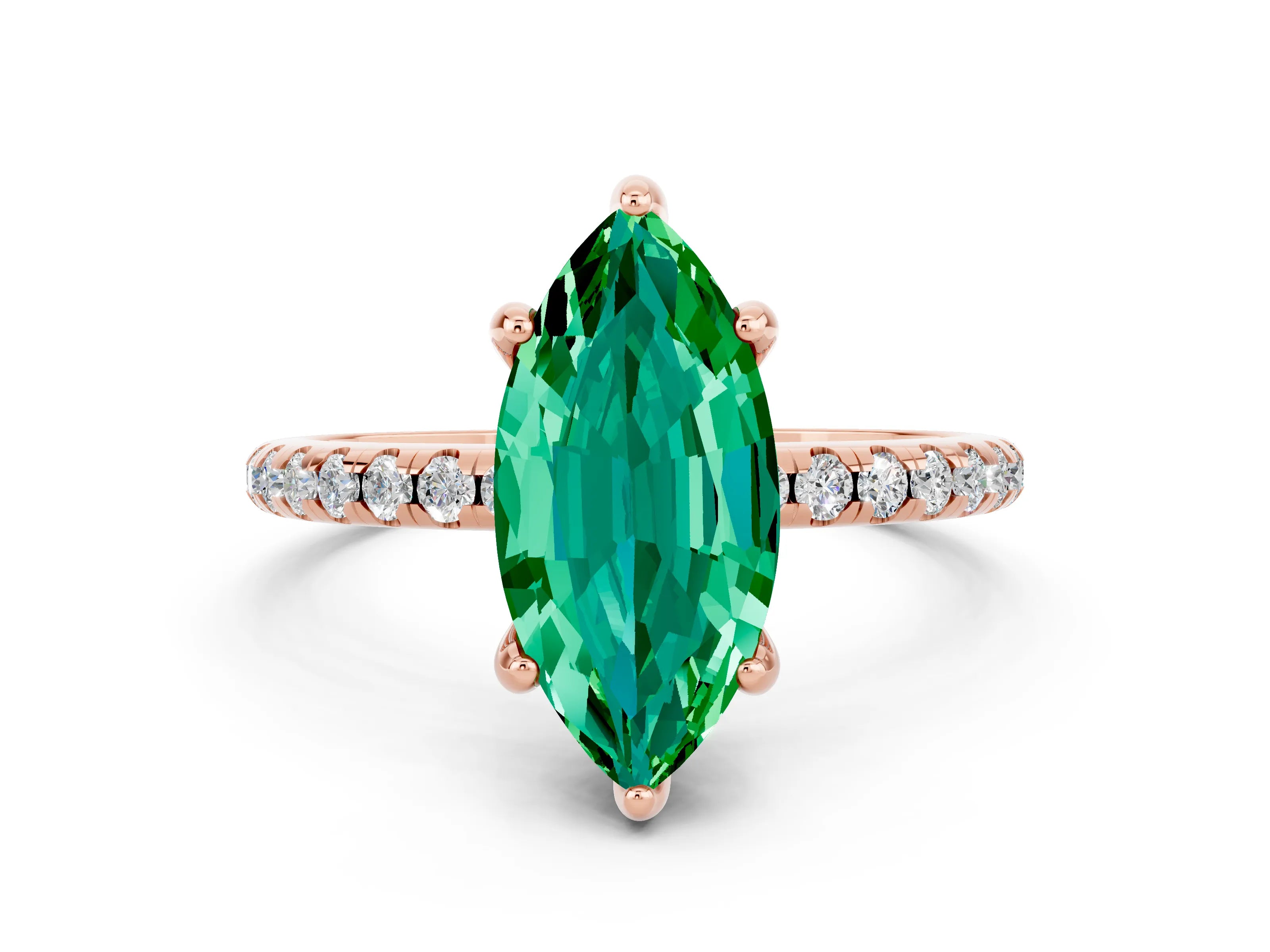 Rose gold Marquise Cut Diamond Solitaire Ring with Four-Prong Setting and Pavé Band