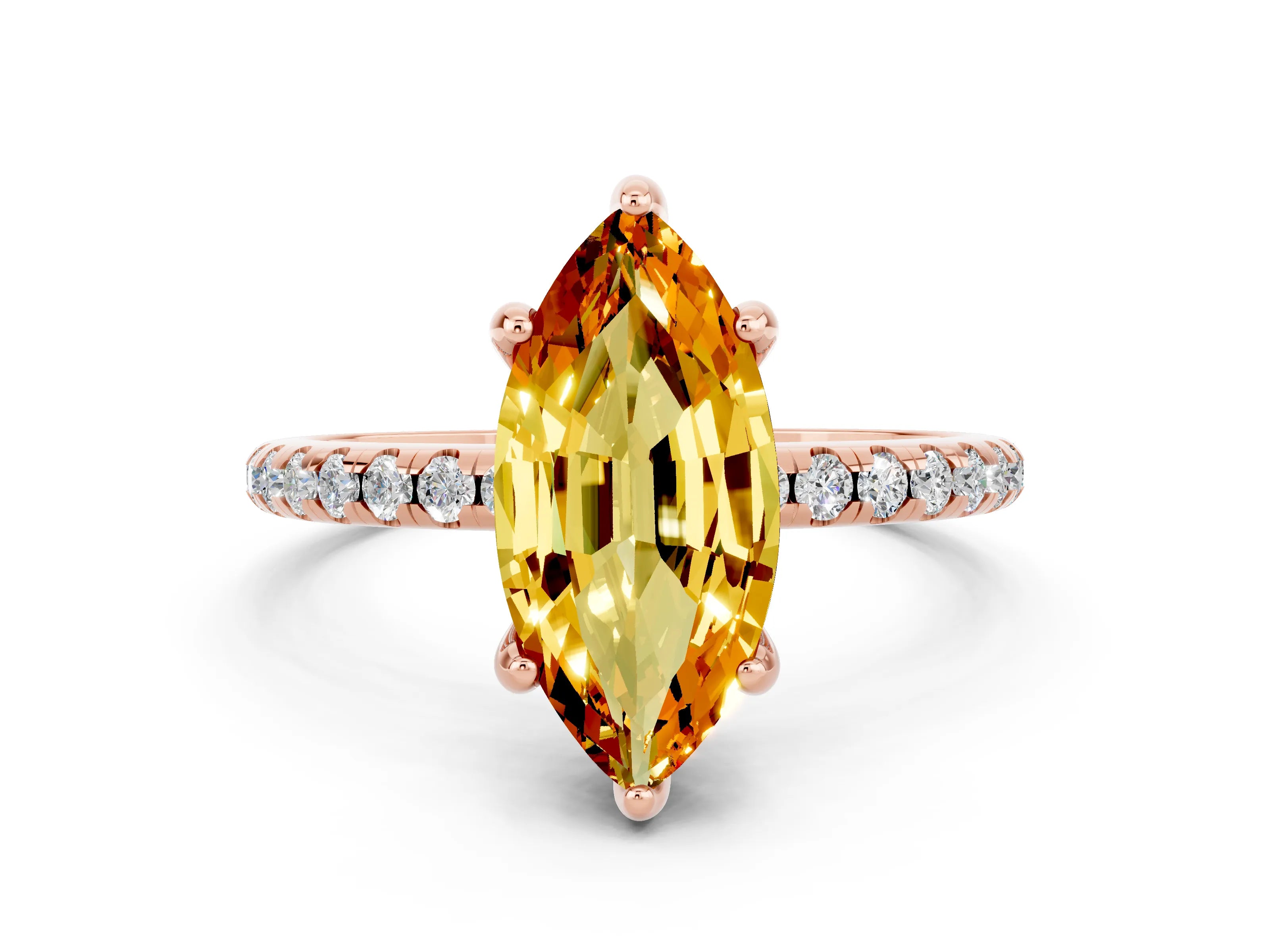 Rose gold Marquise Cut Diamond Solitaire Ring with Four-Prong Setting and Pavé Band