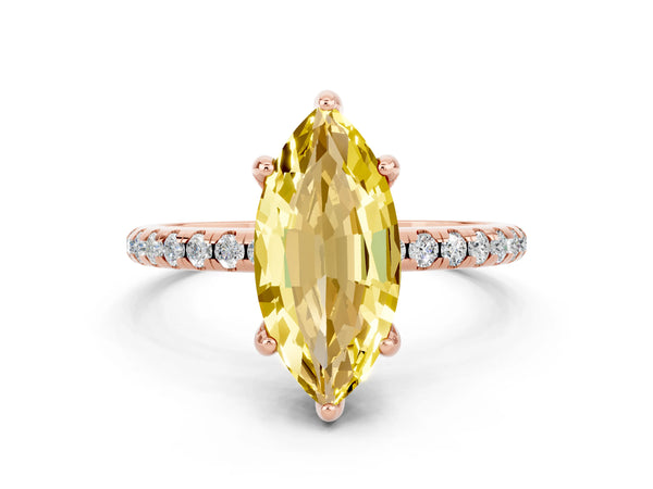 Rose gold Marquise Cut Yellow Sapphire Hidden Halo Engagement Ring with Round Pavé Band and Prong Setting