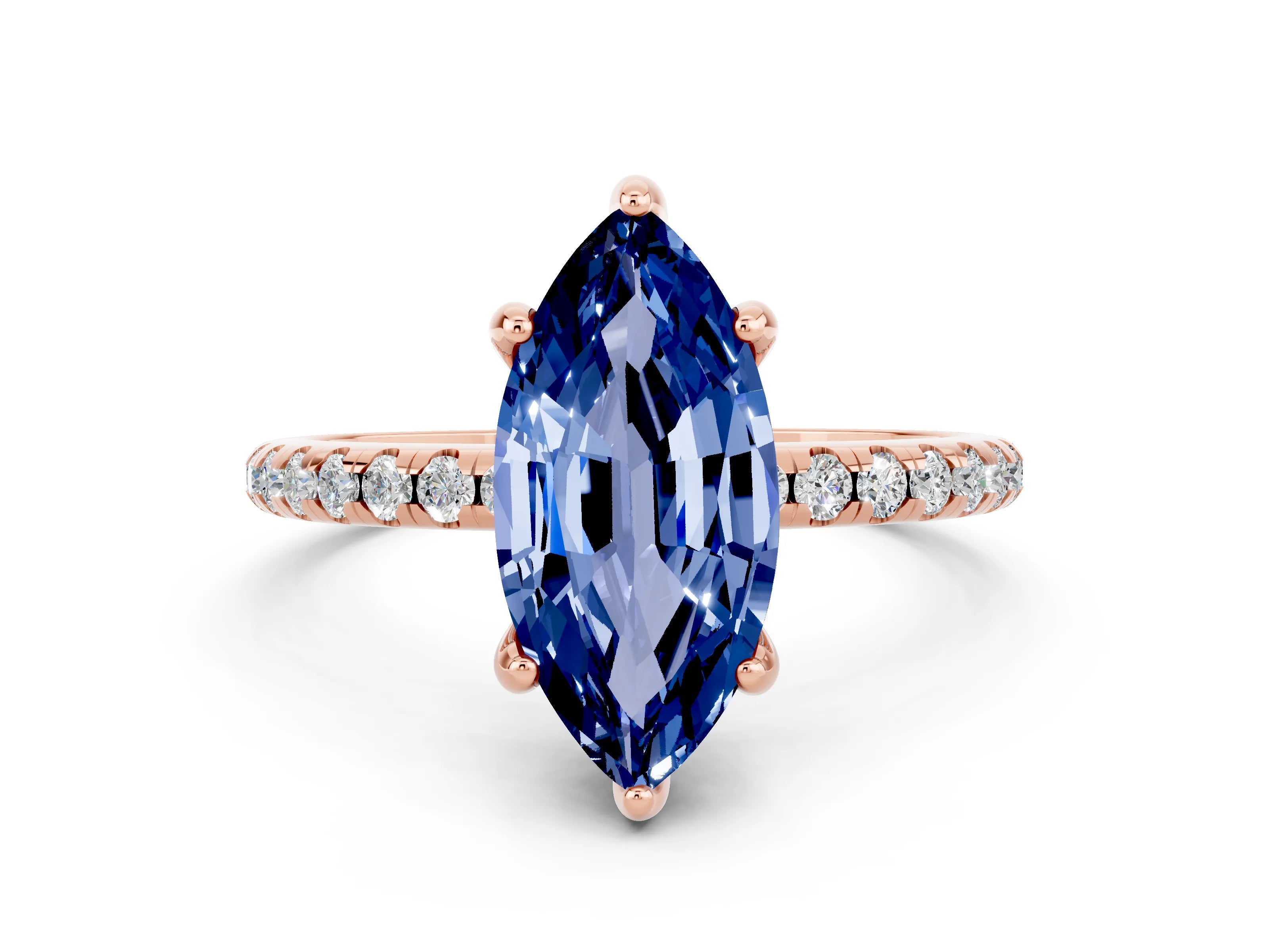 Rose gold Marquise Cut Diamond Solitaire Ring with Four-Prong Setting and Pavé Band