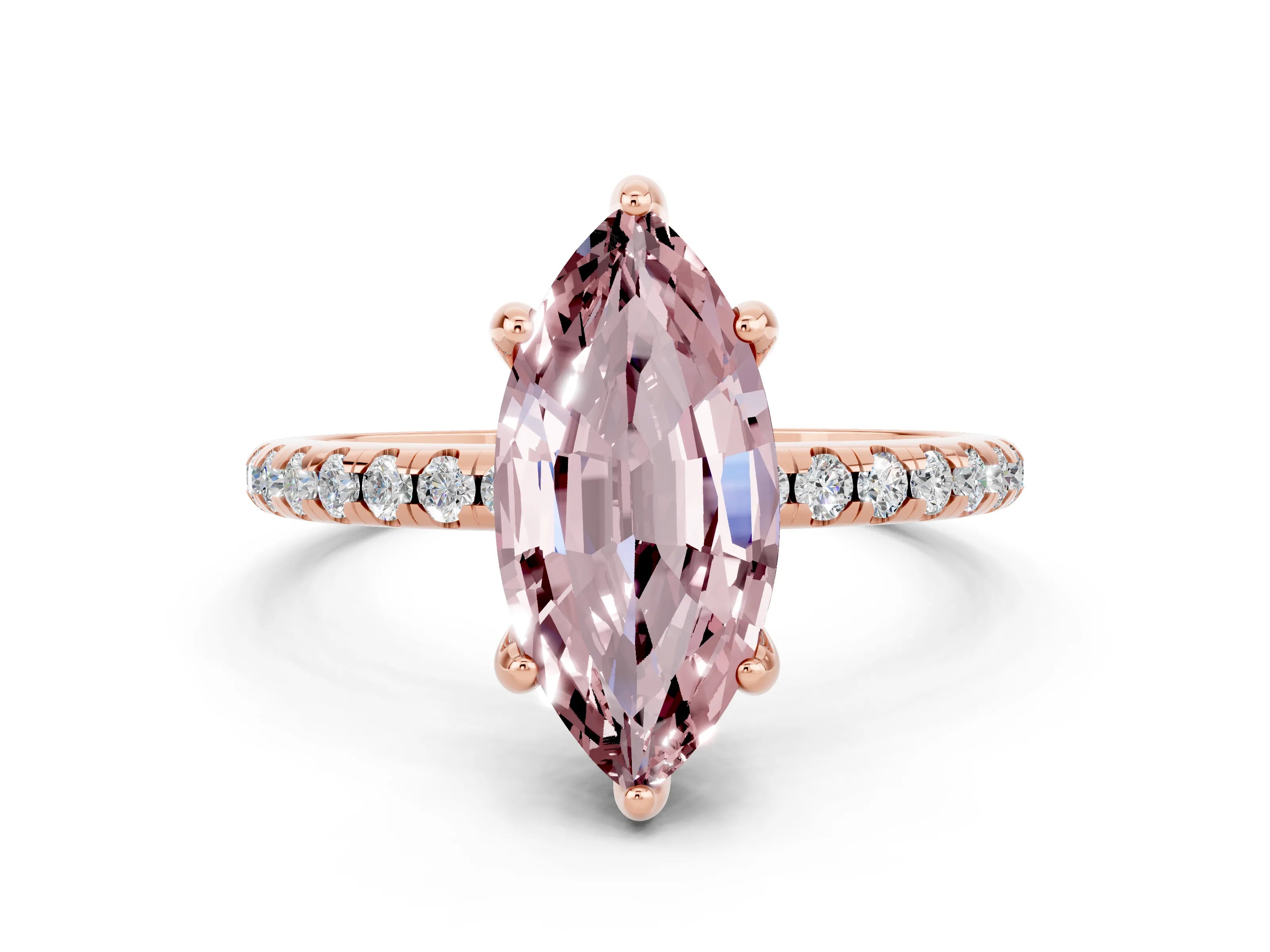 Rose gold Marquise Cut Diamond Solitaire Ring with Four-Prong Setting and Pavé Band