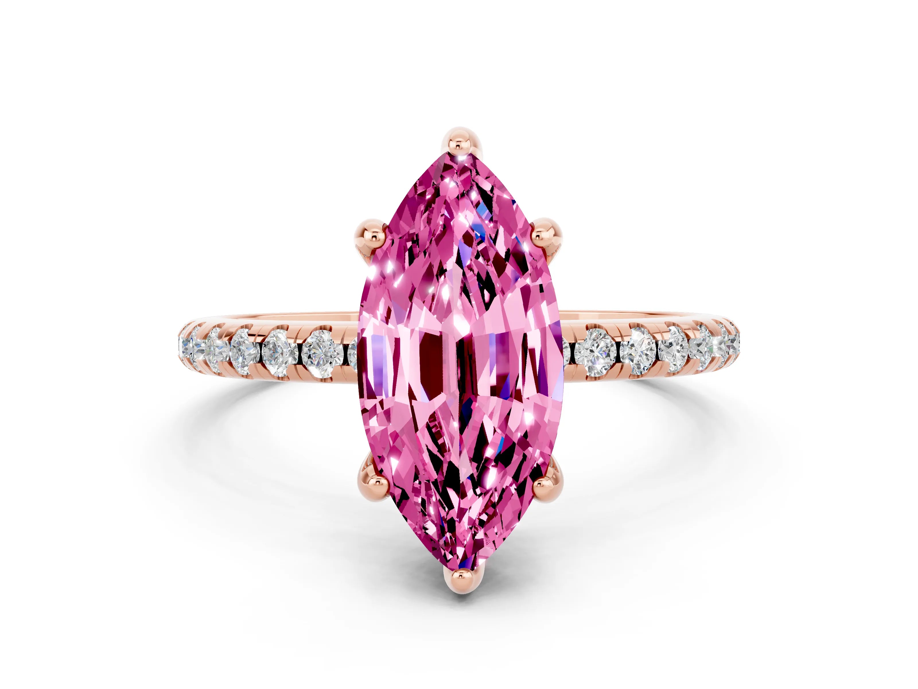 Rose gold Marquise Cut Diamond Solitaire Ring with Four-Prong Setting and Pavé Band