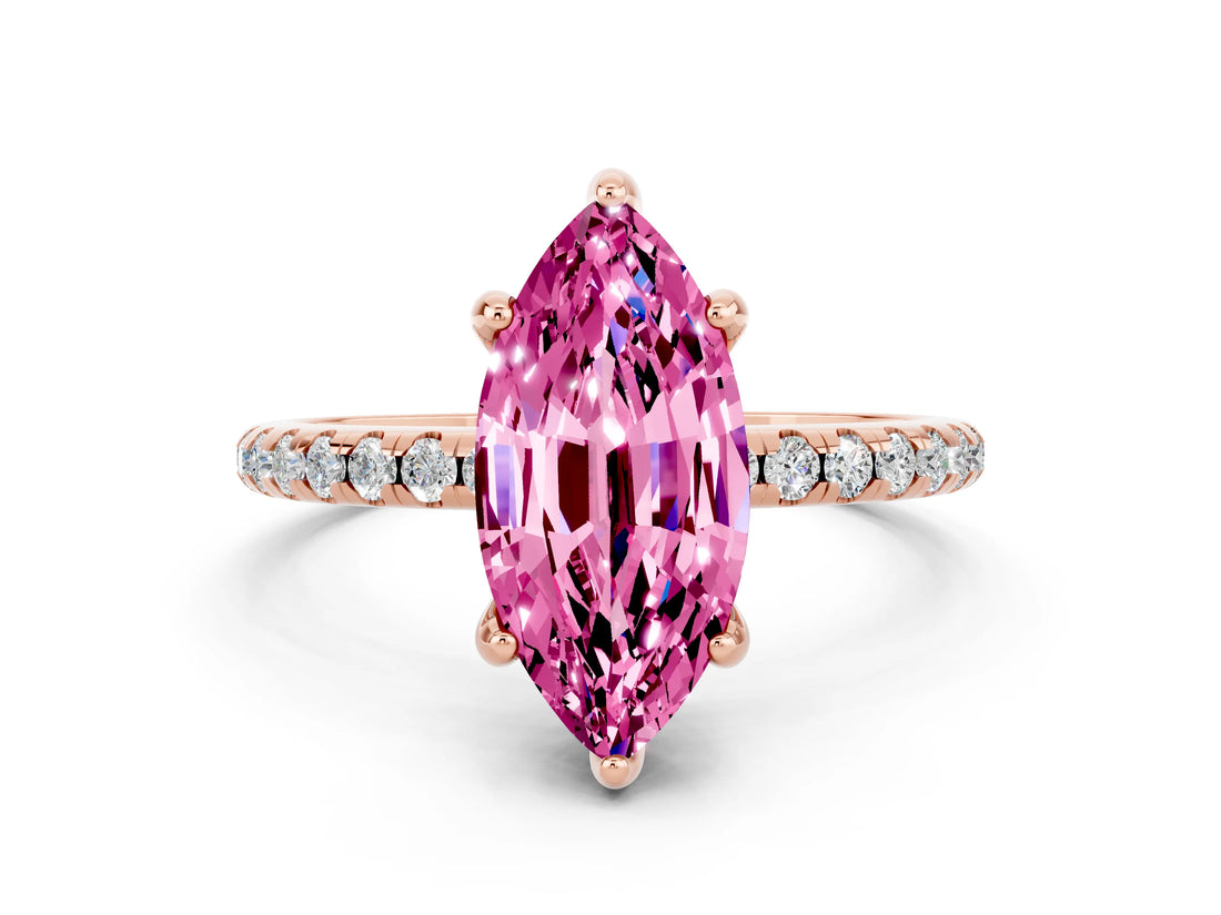 Rose gold Marquise Cut Diamond Solitaire Ring with Four-Prong Setting and Pavé Band