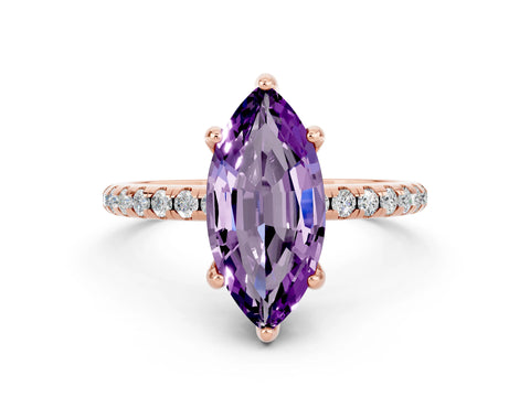 Rose gold Marquise Cut Diamond Solitaire Ring with Four-Prong Setting and Pavé Band