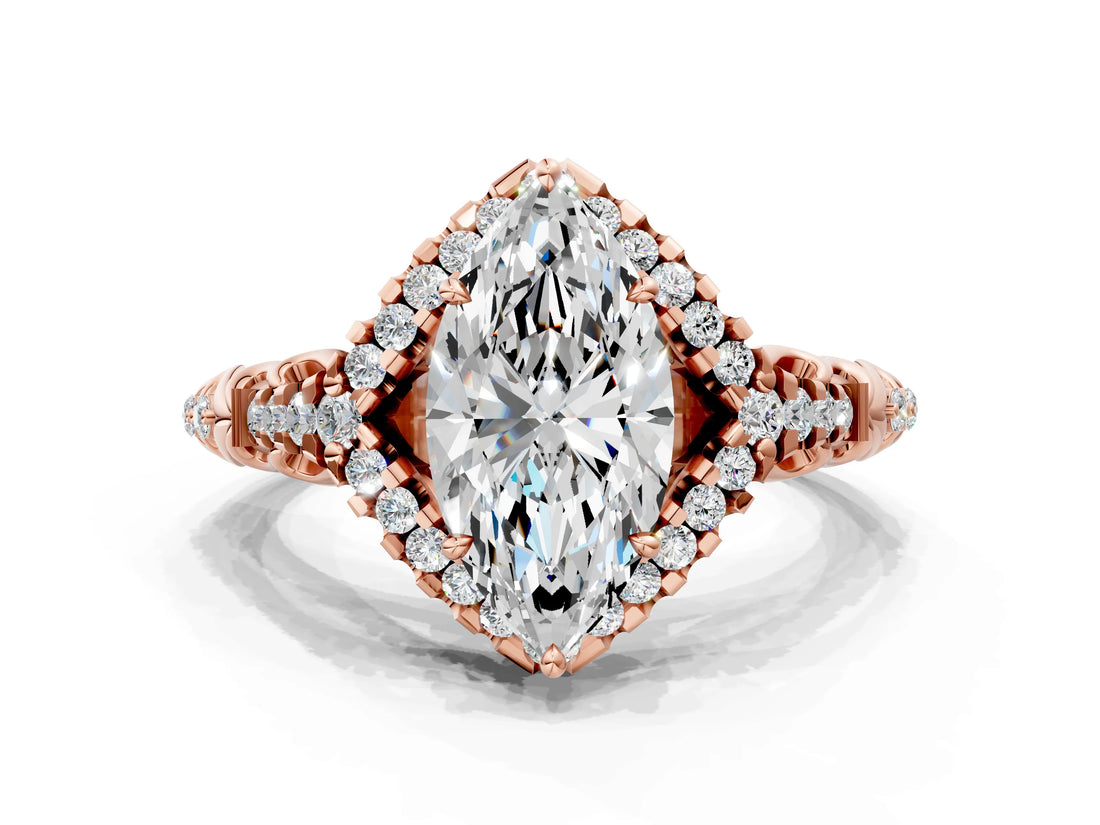 Rose gold Marquise Cut Diamond Solitaire Ring with Hidden Halo and Pavé Band_27