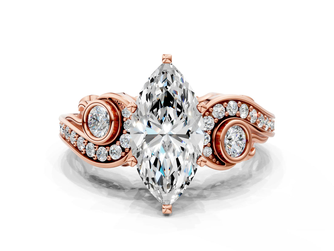 Rose gold Marquise Cut Diamond Solitaire Ring with Milgrain Pavé Band and Four-Prong Setting_183