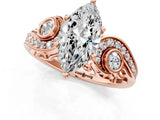 Rose gold Marquise Cut Diamond Solitaire Ring with Milgrain Pavé Band and Four-Prong Setting_184