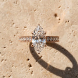 Rose gold Marquise Cut Diamond Solitaire Ring with Milgrain Pave Band and Four Prong Setting_57