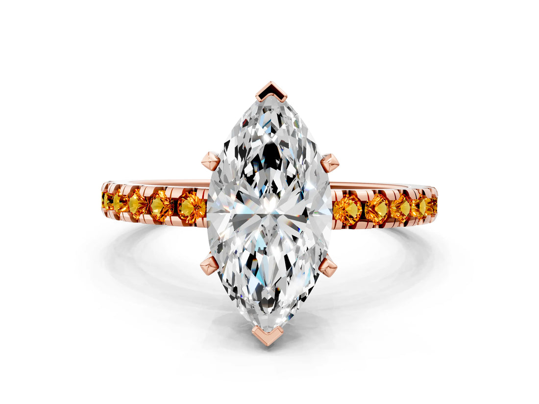 Rose gold Marquise Cut Diamond Solitaire Ring with Pavé Band and Four-Prong Setting