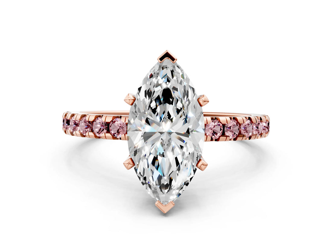Rose gold Marquise Cut Diamond Solitaire Ring with Pavé Band and Four-Prong Setting
