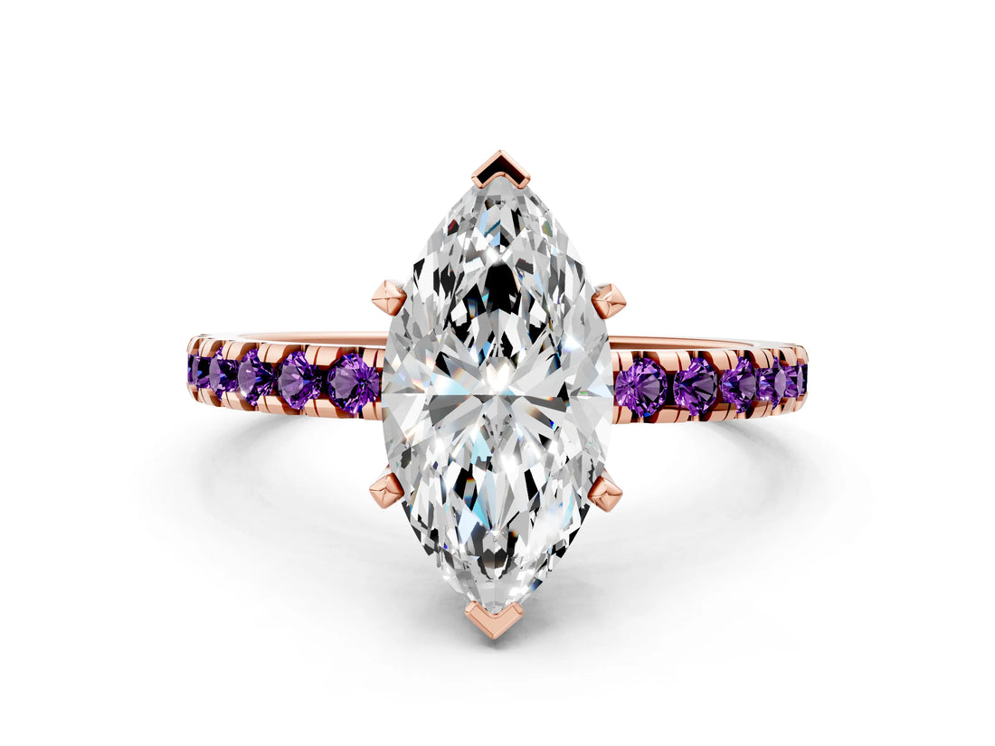 Rose gold Marquise Cut Diamond Solitaire Ring with Pavé Band and Four-Prong Setting