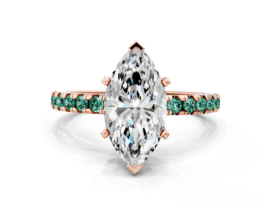 Rose gold Marquise Cut Diamond Solitaire Ring with Pavé Band and Four-Prong Setting