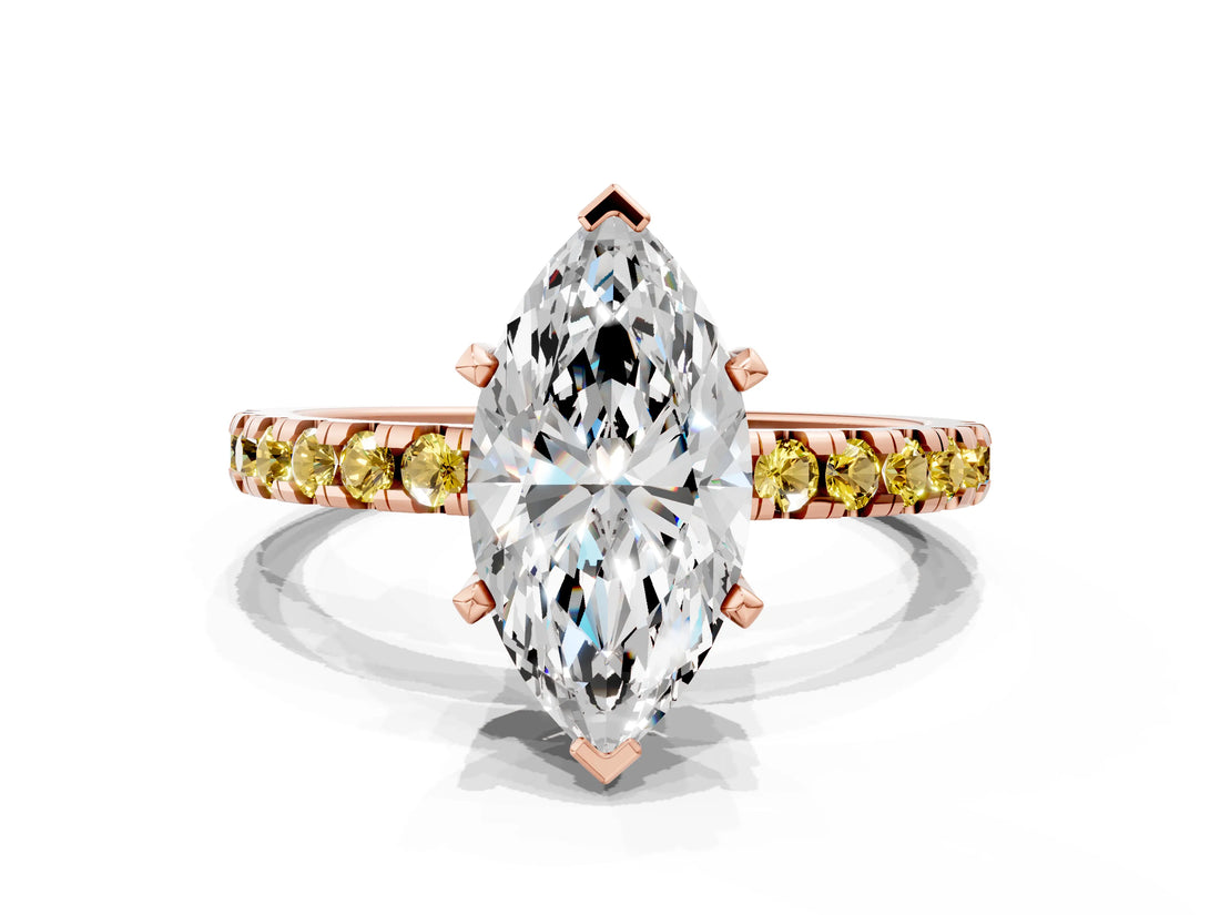 Rose gold Marquise Cut Diamond Solitaire Ring with Pavé Band and Four-Prong Setting